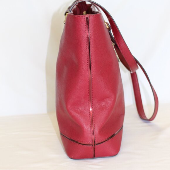 Michael Kors Cherry Red Jet Set Large Leather Tote Bag Purse - Picture 7 of 13